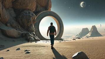 A lone traveler stands before a mysterious dimensional portal. Behind him, a mesmerizing view of distant planets and stars unfolds. This is a scene of cosmic wonder, a gateway to the unknown. video