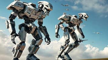 Animation Two colossal, imposing robots stride across a dramatic landscape under a cloudy sky, eliciting a sense of futuristic power and potential conflict. video
