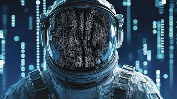 A close-up of an astronaut's face inside a futuristic space helmet, with the helmet reflecting numerous digital numbers, symbolizing the concept of space exploration and technology in a future world video