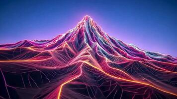 Neon Mountains Animation A surreal and abstract landscape of a mountain top adorned with bright neon lines, casting a mesmerizing glow against a blue sky. video