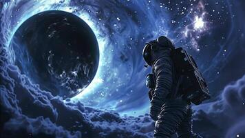Astronaut Standing on a Cloud-Covered Alien Planet with a Glowing Black Planet Emitting Blue Light in a Surreal and Mysterious Atmosphere, Capturing the Enigma of Deep Space video