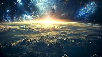 animation une Stupéfiant vue de Terre de espace, mettant en valeur une vibrant lever du soleil contre une toile de fond de nébuleuses et étoiles.les image évoque une sens de merveille et le immensité de le univers. video