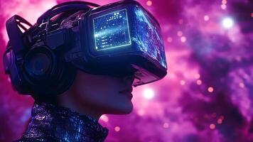 The scene depicts a woman in a black metallic space suit with futuristic headgear designed for vision enhancement, set against a glowing pink and purple space background showcasing deep cosmic video