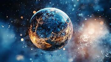 A surreal zoom-in view of Earth from space, where the atmosphere glows with a dreamlike, sparkling blue light, creating a peaceful and magical scene under a starry sky filled with cosmic beauty video