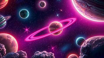 Animated Neon lights illuminate planets, asteroids and celestial objects in a surreal and vibrant cosmic scene. An engaging digital artwork. video