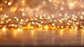 Glowing christmas lights creating festive atmosphere with golden bokeh background. 4k video
