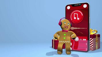 Relaxed gingerbread boy with headphones listening to music from a music app on his smartphone next to red gift boxes against a light blue background. Loop sequence. 3D animation video