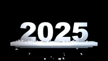 Year 2025 in white numbers crushing the year 2024 which fragments and falls into pieces against a transparent background video