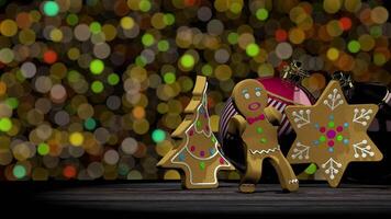 Dancing gingerbread man next to gingerbread cookies in tree and star shape on wooden table against defocused lights background. Loop sequence. 3D animation video