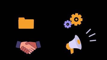 4 Office Icon - Folder, Setting Gear, handshake, Marketing Seamless Loop Black Background video
