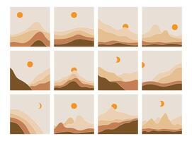 abstract landscape illustrations featuring mountains and suns in warm tones. vector