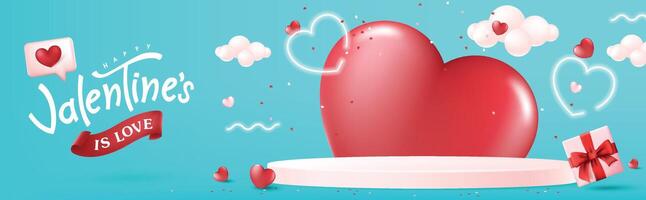 Valentines day promotion banner background with product display cylindrical shape and festive heart shaped decorations Elements vector