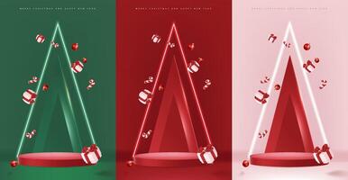 Merry Christmas and happy new year banner with red product display cylindrical shape and christmas tree and Light art decoration vector
