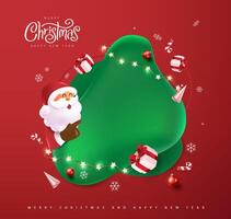 Merry Christmas banner with festive decoration on red background and cute funny Santa Claus in cartoon style pointing to empty space vector