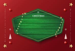 Merry Christmas sign banner green wood frame with empty space and festive decoration on red background vector
