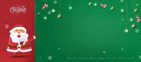 Merry Christmas banner with cute funny Santa Claus characters in cartoon style pointing to empty space vector