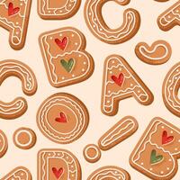 A festive Christmas typography pattern with gingerbread cookies shaped into letters and numbers for the holiday season. vector