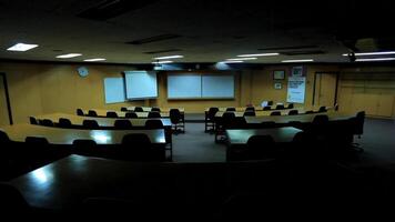 Silent lecture hall with dim lighting and empty seats video
