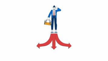 Complicated business choice 2D animation. Seeking right way 4K motion graphic. Doubted caucasian man standing on crossroads animated character cartoon flat concept, white background video