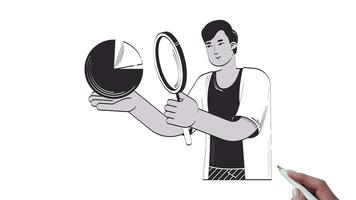 Data analyst magnifying glass hand drawn whiteboard sketch animation. Indian man with loupe holding chart 4K . Strategy planning statistician animated handdrawn concept pencil drawing video