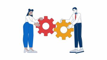 Teambuilding 2D animation. Cooperation in business management 4K motion graphic. Multiracial colleagues connecting gears animated characters cartoon flat concept, white background video