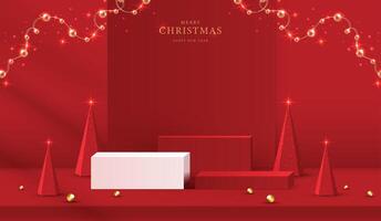 Podium shape for show cosmetic product display for christmas day or new years. Stand product showcase on red background with lighting christmas. design. vector