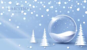 Christmas glass ball in snow with tree. glass globe for Christmas and New Year winter holiday, crystal baubles decoration with snowflakes on sparkling In shiny background. design. vector
