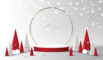 Podium shape for show cosmetic product display for christmas day or new years. Stand product showcase on white and red background with lighting christmas. design. vector
