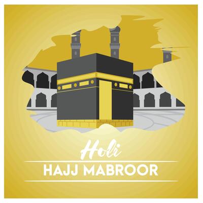 Hajj Mabrur with the Kaaba in Mecca. May Allah accept your Hajj pilgrimage. Islamic Hajj concept. Flat illustration.