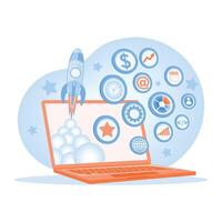 Laptop with flying rocket and business icon. Developing software with statistical data. Startup launch concept. Flat illustration. vector