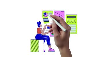 Product management whiteboard animated . Ecommerce strategy 4K motion graphic hand drawn explainer. Business analyst with charts, hierarchy teamwork animation cartoon characters doodle art video