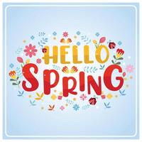 Hello spring with colorful flowers and ladybugs. vector