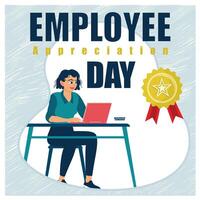 Female employees focused on working in front of the computer. Company recognition of employee performance. Employee Appreciation Day concept. Flat illustration. vector