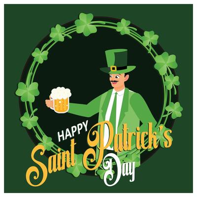Leprechaun, beer, and shamrock in a circle pattern. Spring celebrations in Ireland. St Patrick's Day background concept. Flat illustration.