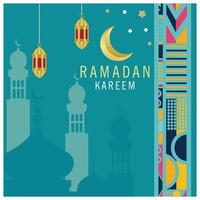 Ramadan Kareem with hanging lanterns and crescent moon. Silhouette of the mosque in the background. Ramadan concept. Flat illustration. vector