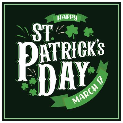 Feast of St. Patrick, March 17. Text with green clover leaves. St Patrick's Day background concept. Flat illustration.