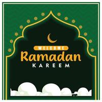 Ramadan greeting card with mosque arch. Gold and green color background. Ramadan concept. Flat illustration. vector