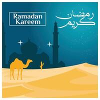 Happy Ramadhan text in Arabic calligraphy. Silhouette of a mosque with camels in the desert. Ramadan concept. Flat illustration. vector