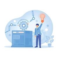 Businessman with an industrial robot. Men apply manufacturing process innovation. Project implementation concept. vector