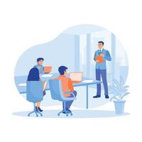 The manager meets with the client in the meeting room. Discuss marketing strategies. Launching Advertising Campaign concept. vector
