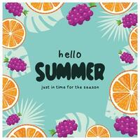 Summer text with fresh fruit and summer leaves. Colorful background. Summer concept. vector
