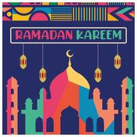 Ramadan greeting card with geometric pattern. Mosque background and hanging lanterns. Ramadan concept. Flat illustration. vector
