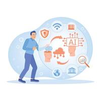 Man with AI automated chatbot. Improve workflow processes. Project implementation concept. vector