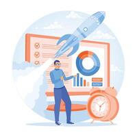 Businessman analyzing workflow processes. Perform project initiation and closure. Project implementation concept. vector