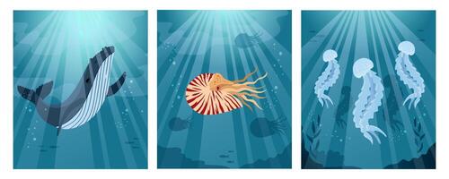 Sea background with humpback whale, nautilus, jellyfish. Set of greeting card or banner template. vector