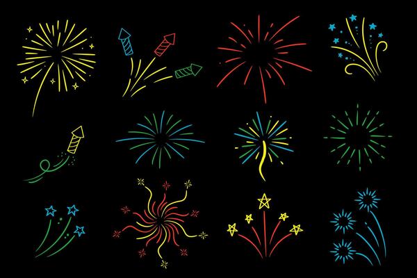 Colorful fireworks with stars and sparks on black background.