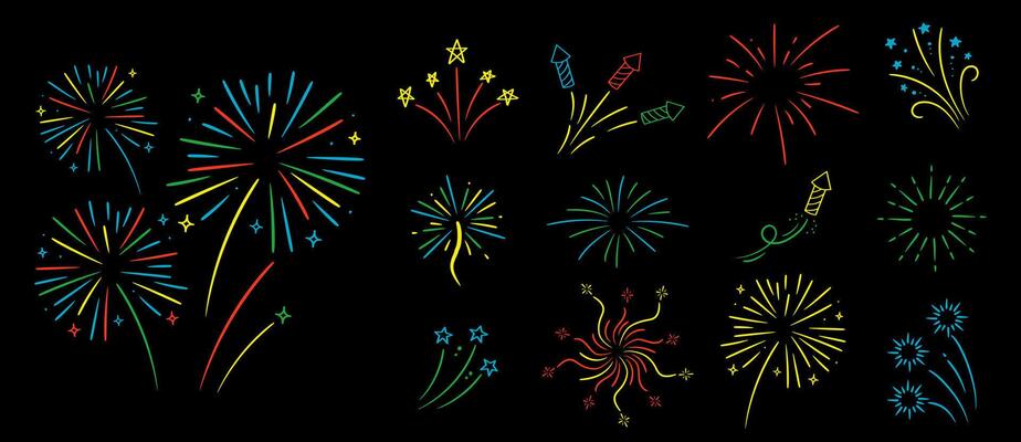 Fireworks with stars and sparks on black background. Festival colorful fireworks.