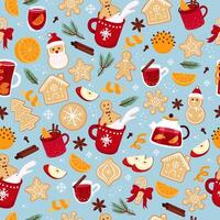 Christmas seamless pattern. Gingerbread cookie and mulled wine drink. background for wrapping paper, packaging, fabric. vector