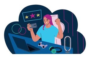 illustration of gamer streaming at desk with gaming accessories, including a laptop, headset, and controller. Girl playing game on smartphon. Gaming, live streaming, and digital entertainment vector
