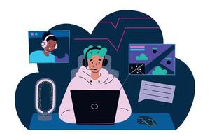 Gamer playing online game on laptop, chatting remotely with friend. Cooperative game, gaming mouse, and game screen. Cartoon character, illustration in flat style vector